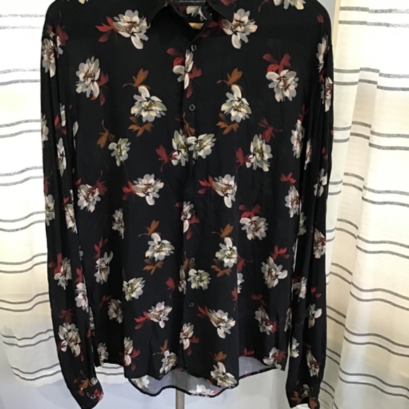 Zara Men Size Med Black Button Up Collard Dress Shirt Floral Hawaii Lightweight - Picture 3 of 10